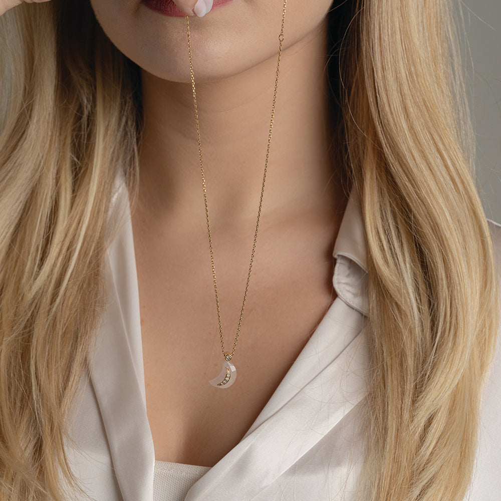 Crescent Moon of Rose Quarts Necklace