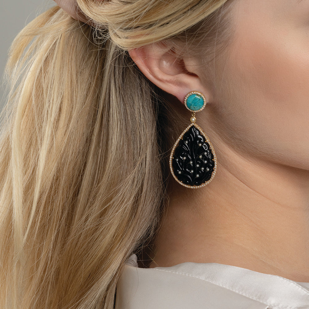 Elegance in Onyx and Turquoise Earrings